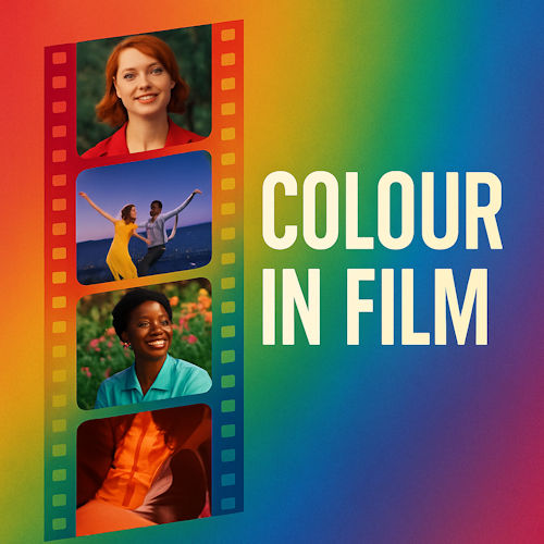 Image of individual frames from a film with the event title colour in film